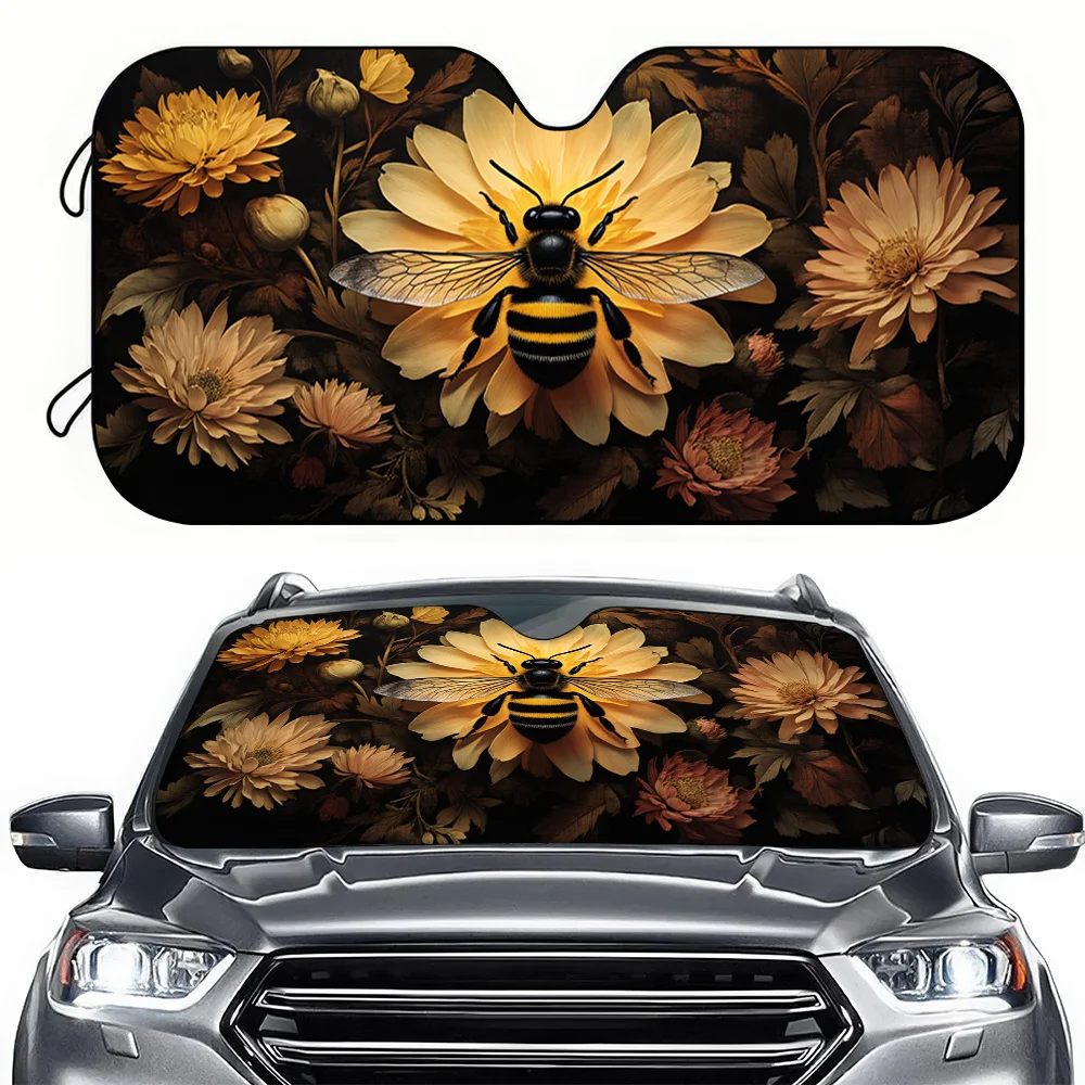 A Car Sunshade With A Dark Floral Bee Design, Featuring A High-Definition Printed Front Windshield Cover That Blocks Sunlight An