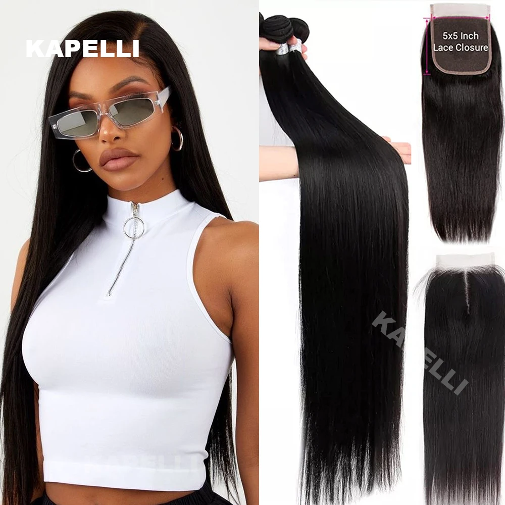 

5x5 4X4 Lace Closure With 30 32 Inch Human Hair Bundles With 13x4 Frontal Straight Brazilian Weave 3 Bundles With Closure Remy