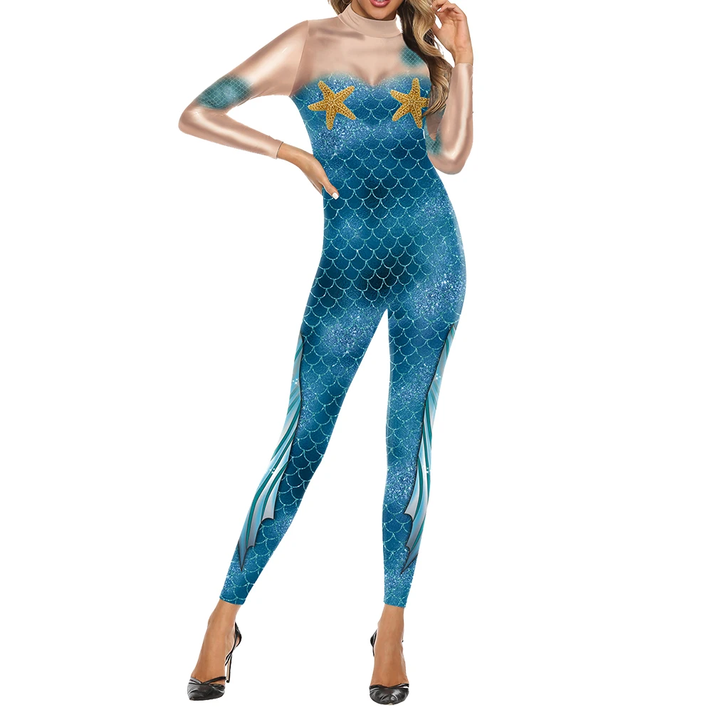 Zeemeermin Cosplay Kostuum Vrouwen Kostuum Feest Sexy Bodysuit Vis Schaal Print Vakantie Vermomming Oufit Dames Jumpsuit Catsuit