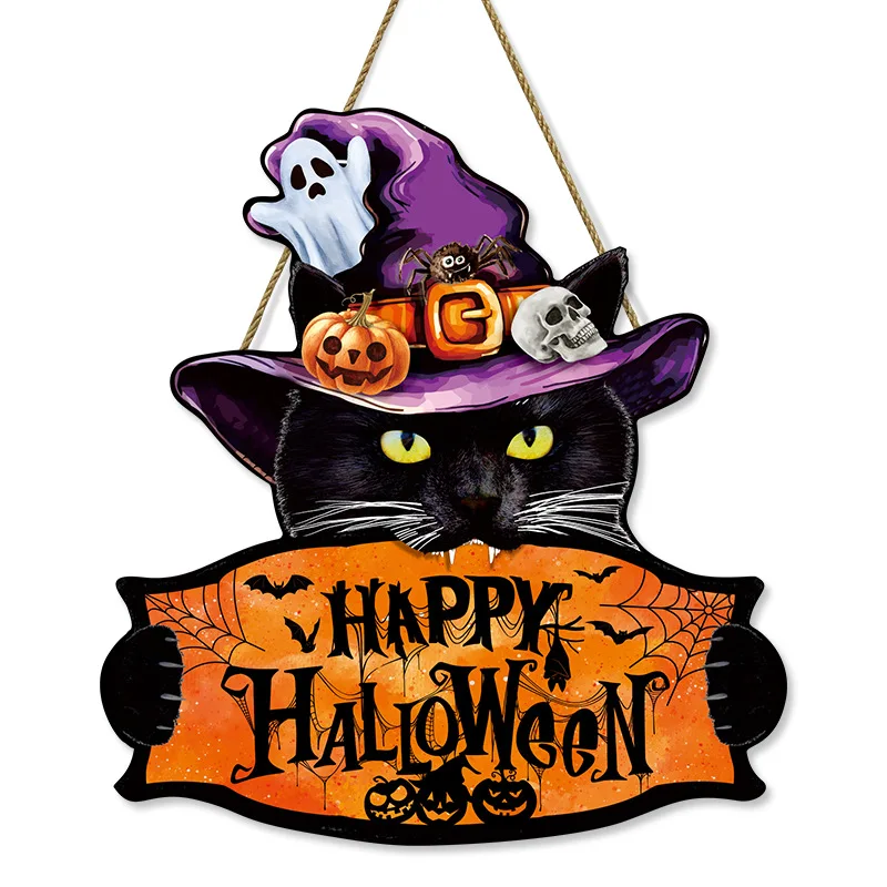 Spoof Autumn Black Cat 1PCS 2D Wooden Wall Hanging Welcome Sign Halloween Party Festival Decor Farmhouse Apartment Home Decor