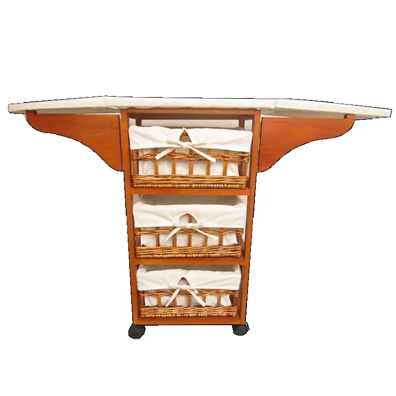 Foldable ironing board/tabletop cabinet wicker drawers