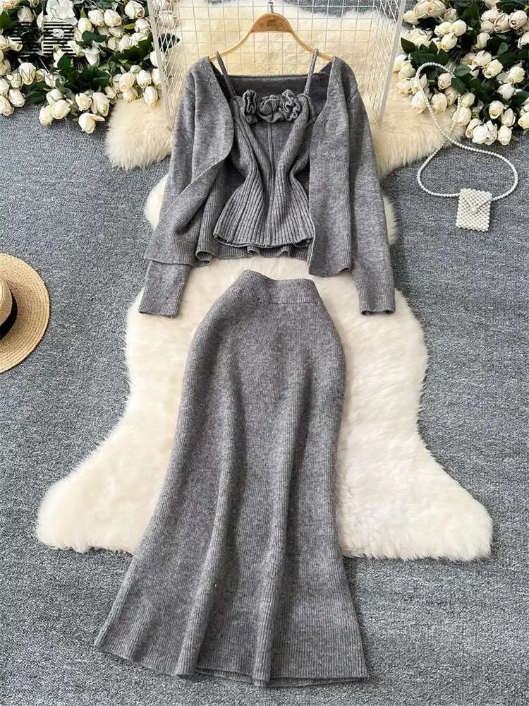 BabYoung delikatna gruba dzianina 3 szt. Garnitury jesień z długim rękawem luźny kardigan + 3D kwiat Camis + solidna spódnica moda damska ciepłe zestawy