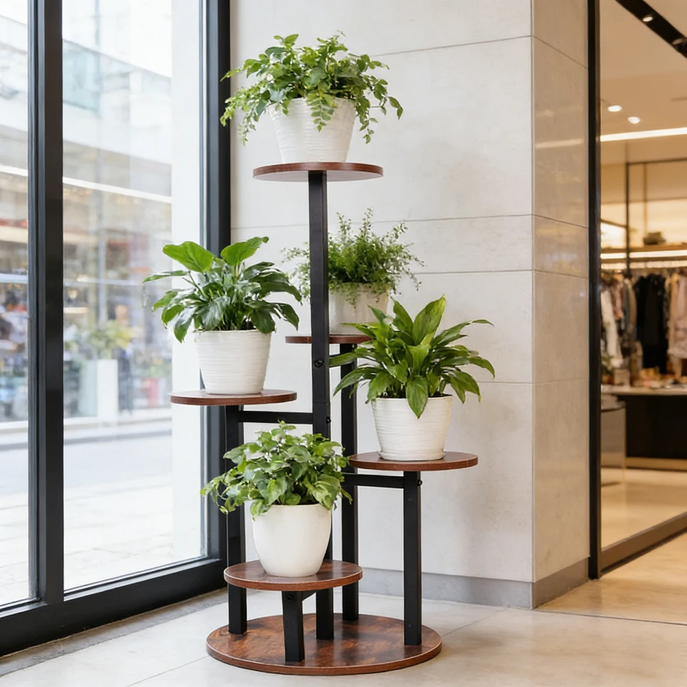 

5-Tier Rustic Wood & Metal Plant Stand - Multi-Level Flower Shelf for Indoor, Balcony & Living Room - Sturdy Tall Plant Display