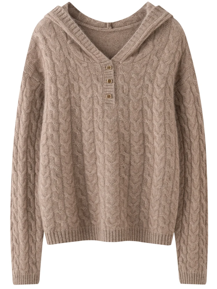 TLOML 여성 후드 풀오버 100% 캐시미어 스웨터 두꺼운 케이블 니트 캐주얼 캐시미어 니트웨어 가을 겨울 고품질 소프트 탑스