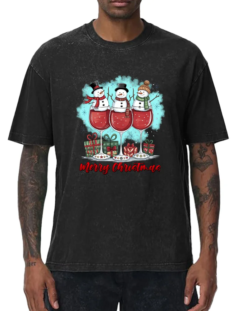 

Snowman Red Wine 230g Heavy Cotton Washed Oversized T-Shirt for Men Christmas Graphic Tee Retro Casual Top