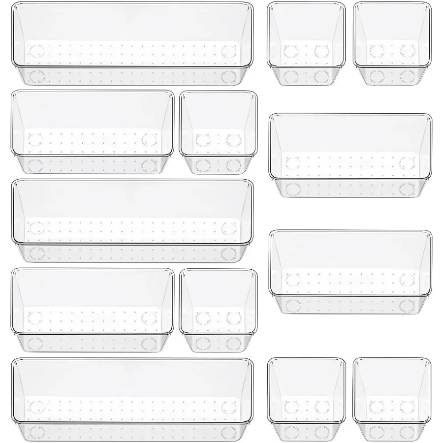 

12 Piece Clear Drawer Organizer Set 3 Sizes Bathroom Vanity Organizer Trays and Storage Bins for Makeup Cosmetics Jewelry and G