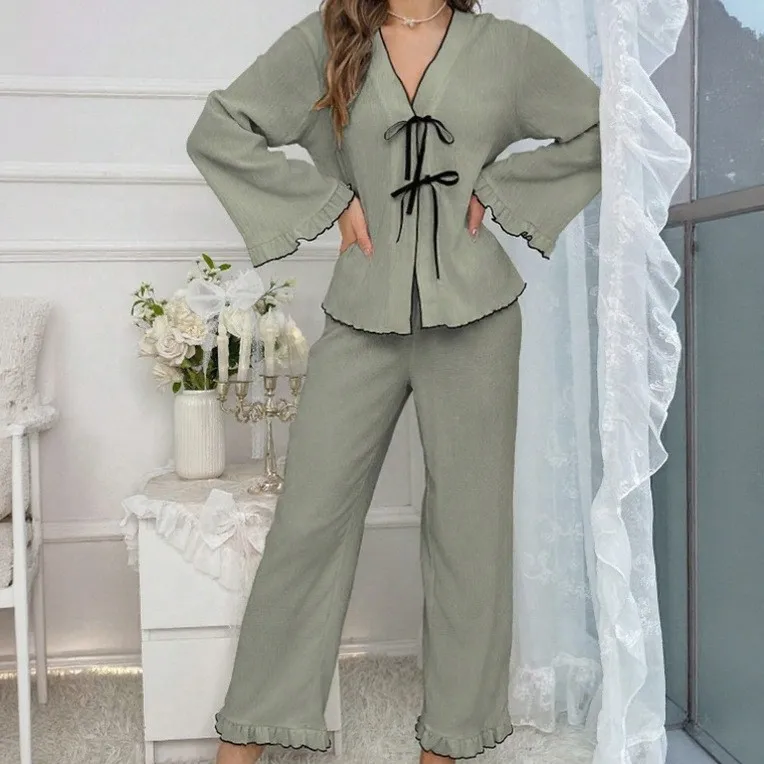 النساء منامة الفرنسية الرجعية الحلو سيدة الخامس الرقبة الدانتيل متابعة سترة طويلة الأكمام فستان أطفال مع سروال داخلي بيجامة تنفس مريحة ملابس المنزل مجموعة