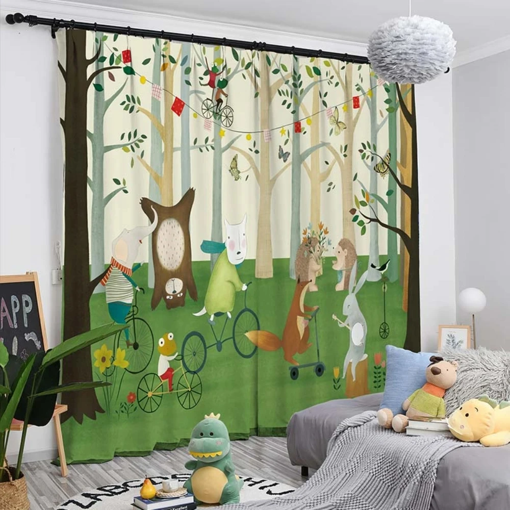 Cute Cartoon Green Forest Wildlife Thick Blackout Curtain Bedroom Living Room Window High Shading Drape 2 Pieces New Pattern