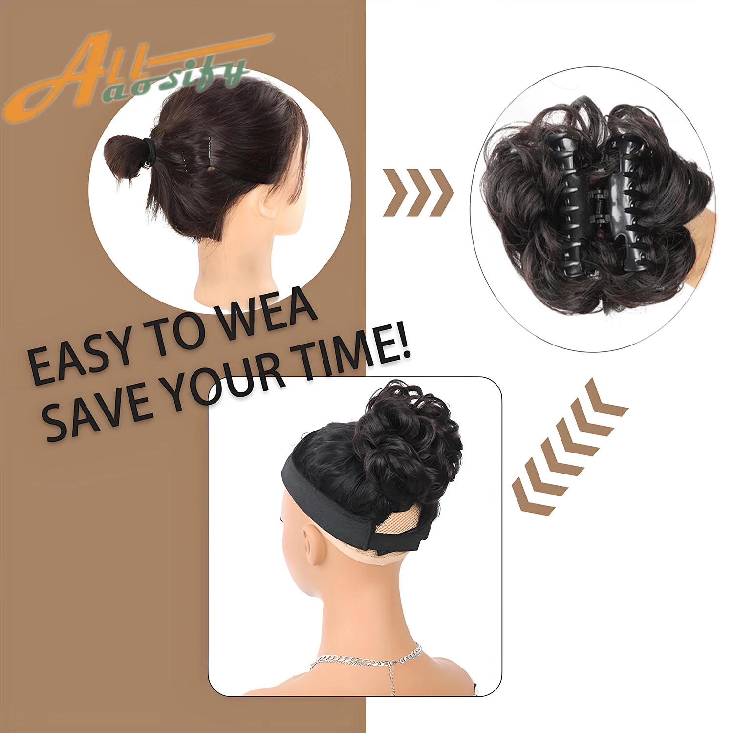 Natural black synthetic hair clip bun messy curly hair bun clip hair extension wig on a woman's ponytail image 2