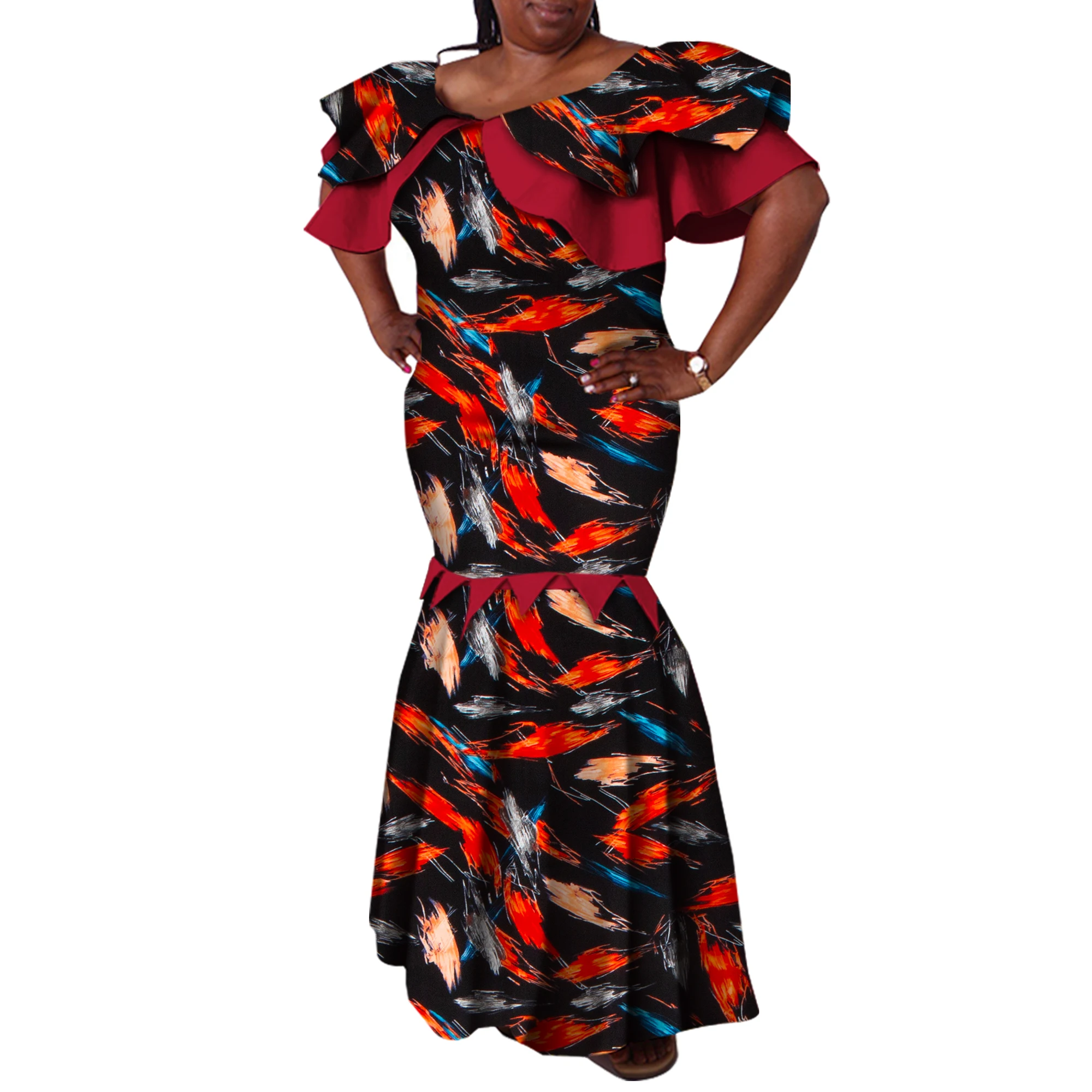 Bazin Riche African Dresses for Woman with African Headwarp Ankara Print Vestidos Dashiki Women Dresses Evening Gowns WY2452