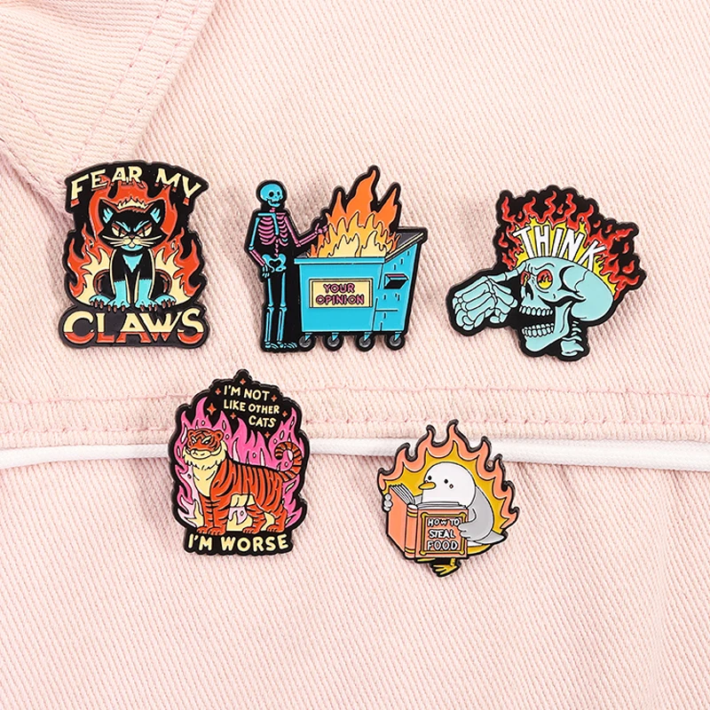 Mental Health Enamel Pins Punk Skull Your Opinion Fear My Claws How To Steal Food Metal Brooch Lapel Badge Friends Jewelry Gifts