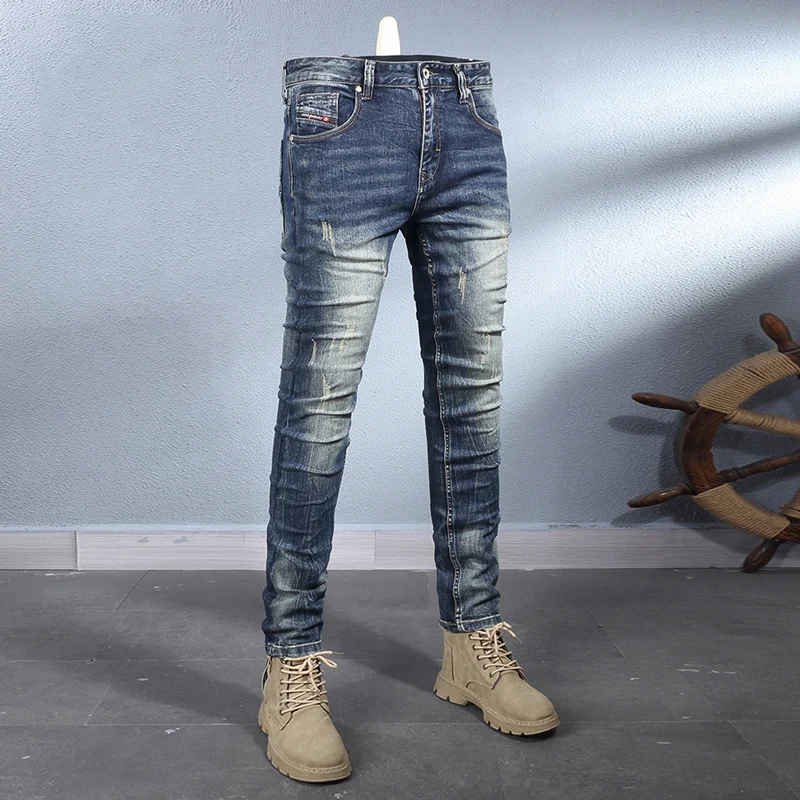 Y2K Fashion New High-Quality Jeans Scratch Wash Nostalgic Stretch Slim Fit Retro Blue Men's Jeans Designer High-Quality Jean