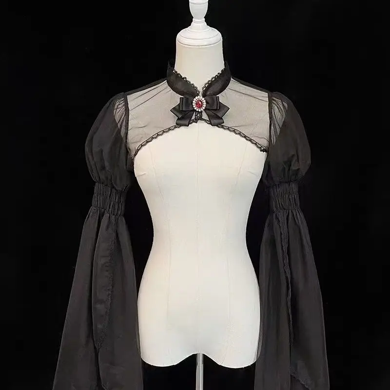 Original New Arrival Lolita Bleeding Rose Gothic Princess Sleeve Short Mesh Blouse with Free Bow Tie