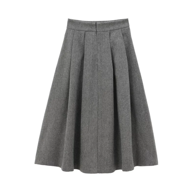 TRAF Women Wide pleated skirt for Autumn Casual Loose Midi Skirt Vintage   Back Zipper Casual Female Skirt