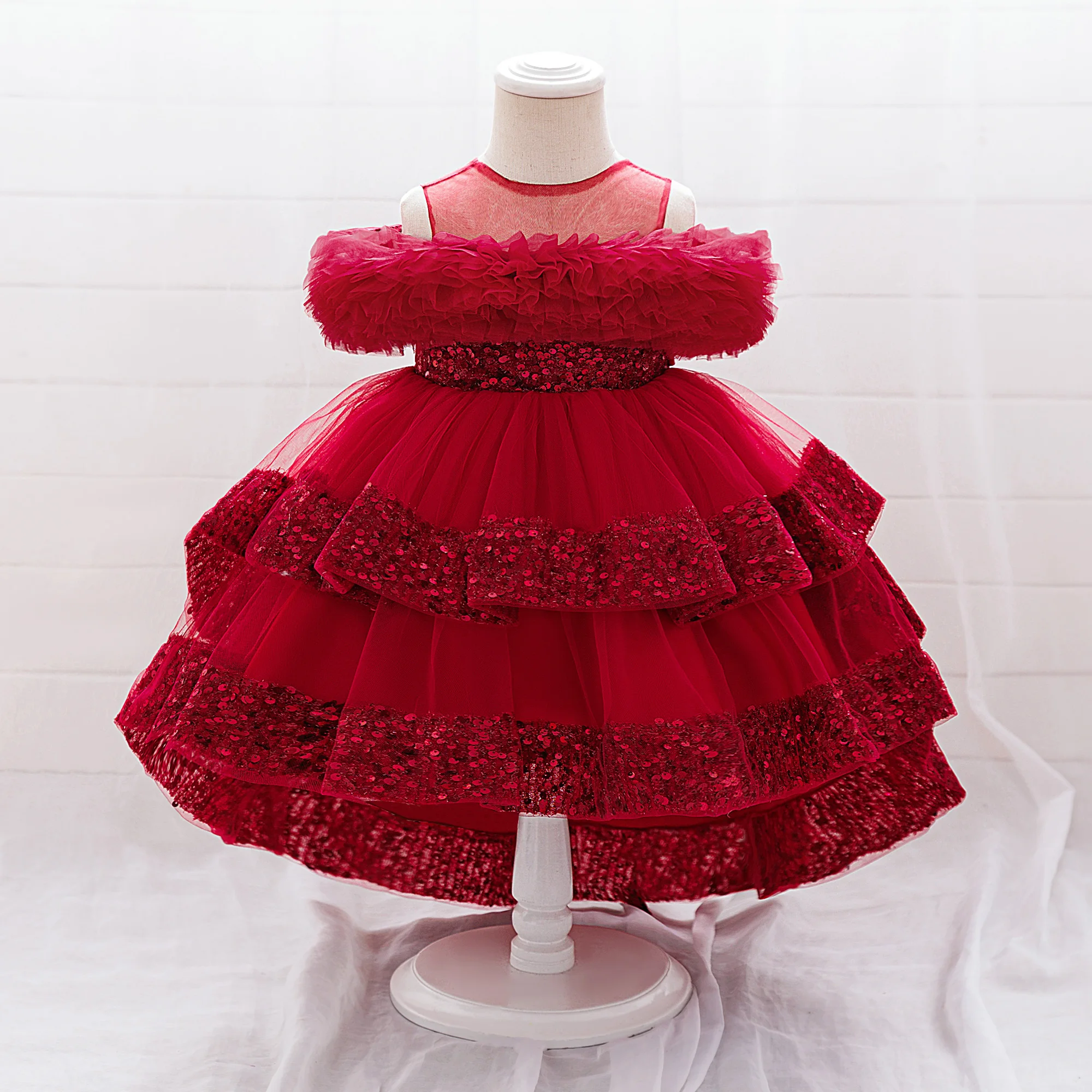 Elegant Sequin Party Baby Girl Dress Toddler Lace 1st Birthday Tailing Princess Prom Gown Wedding Bridesmaid Kid Evening Dresses