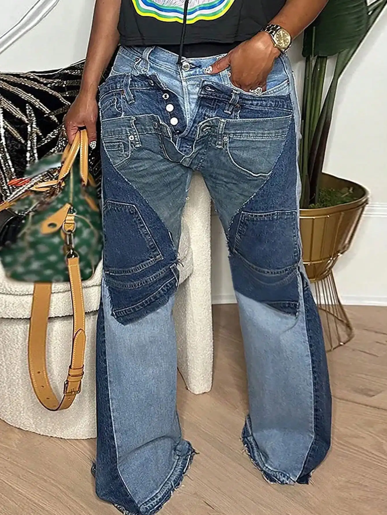 

GLOURI Women's Patchwork Jeans - High Waist With Multi-Wash Panels & Frayed Hem | Relaxed Retro Fit For Street Style, Music Festivals, Weekend Errands & Casual Hangouts (Distressed & Statement-Making) For Everyday Looks