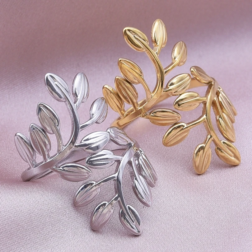 Plant Jewelry Fashion Leaf Flower Ring Open Adjustable Stainless Steel Rings For Women Men Bague Acier Inoxydables Femme Party