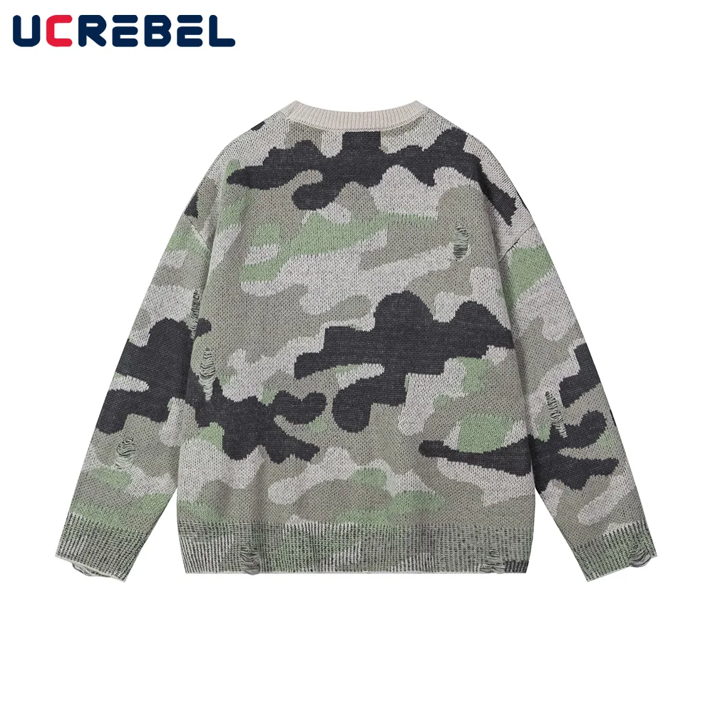 Camouflage Ripped Sweater Mens Autumn Winter Hip Hop Streetwear Loose Crew Neck Long Sleeve Knitted Pullover Men