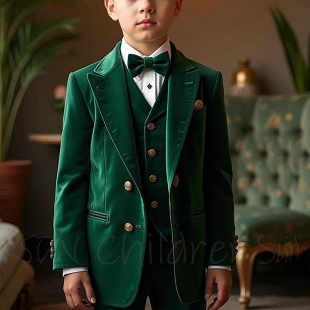 

Зеленый бархатный костюм для мальчиков, три предмета по индивидуальному заказу (куртка + жилет + брюки), однобортный однобортный детский комплект с остроконечными лацканами для торжественных случаев
