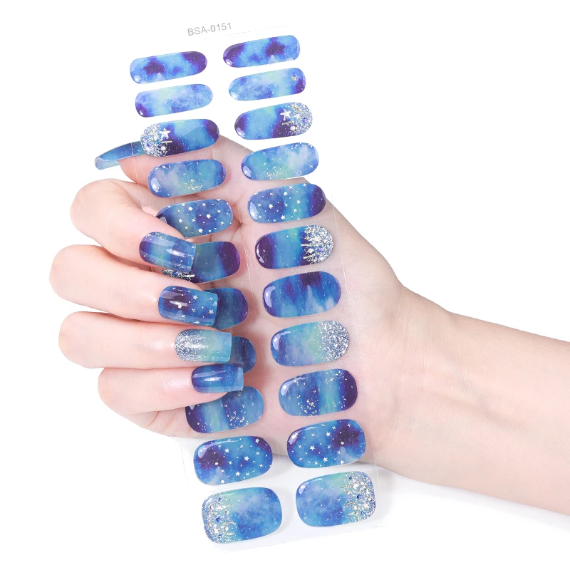 22Tips Gradient Marble UV-Free Gel Nail Stickers Shining Starry Sky Full Cover Gel Polish Nail Strips DIY Manicure Decoration