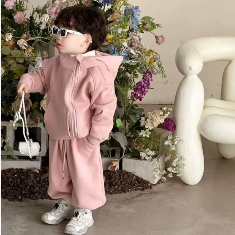 2 Pcs Hooded Set New Kid Clothing 2024 Autumn Winter Korean Boy Fleece Lining Thick Girl Fashion Sports Zipper Cotton Outfits