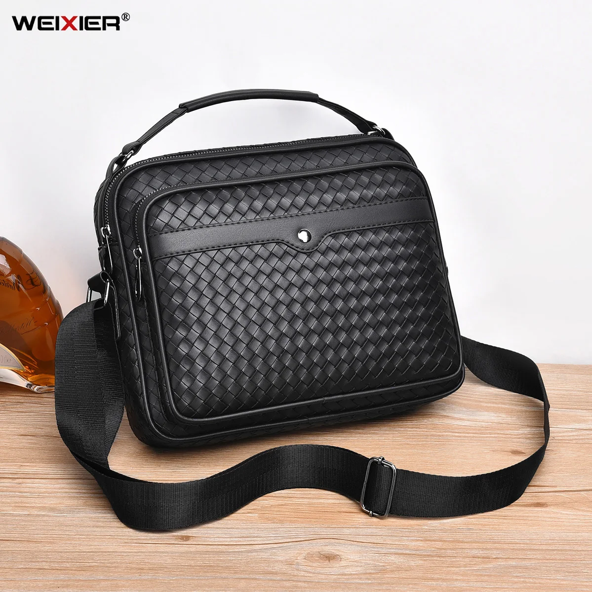 WEIXIER Brand High-End New Men Weaving Shoulder Computer Business PU Solid Color Crossbody Bags Man Classic Large Capacity Bag