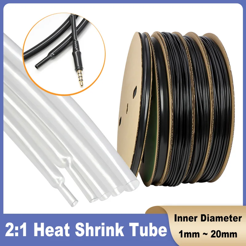 2:1 Shrink Rate Black/Clear Super Thin Wall Heat Shrink Tube Diameter 1 ~ 20mm DIY Earphone Line Audio Cable Repair Sleeve Wrap