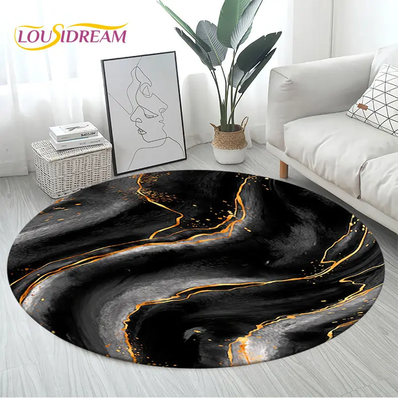 Colour Nordic Black Gold Blue Marble Round Area Rug,Circle Carpet Rug for Living Room Bedroom Sofa Decor, Floor Mat Kitchen Mat