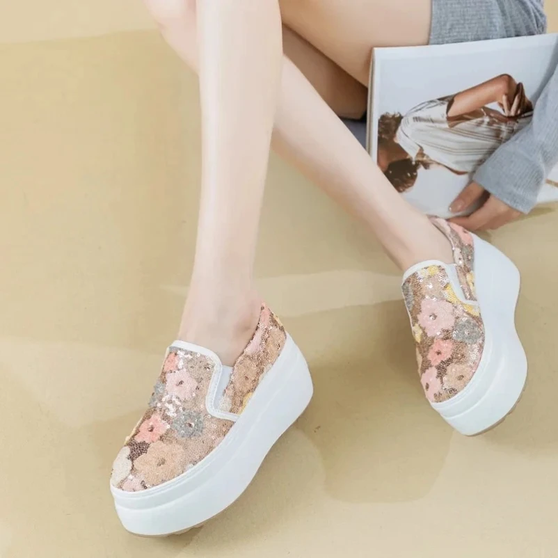 

2025 High quality 8cm Synthetic Platform Wedge Flats Shoes Chunky Sneaker Casual Leather Comfy High Brand Spring Autumn Shoes