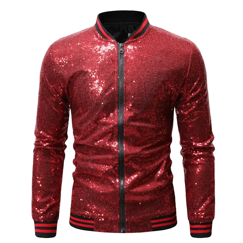 

Shiny Sequins Sparkle Bomber Jacket Men 2023 Newest Gold Glitter Striped Zipper Mens Jackets And Coats Party Dance Show Clothes