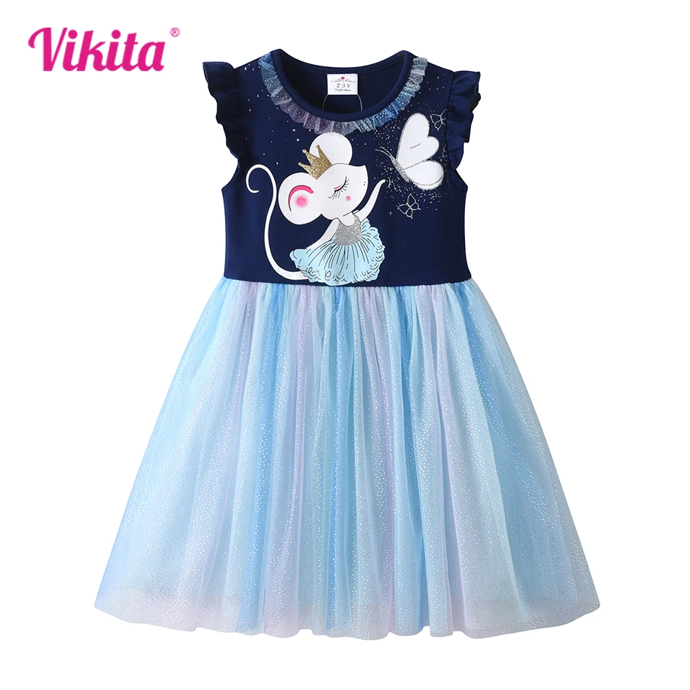 

VIKITA Princess Blue Dress for Kids Cartoon Print Mesh Dresses Girls Sparkly Glittery Summer Sleeveless Birthday Party Prom Gown