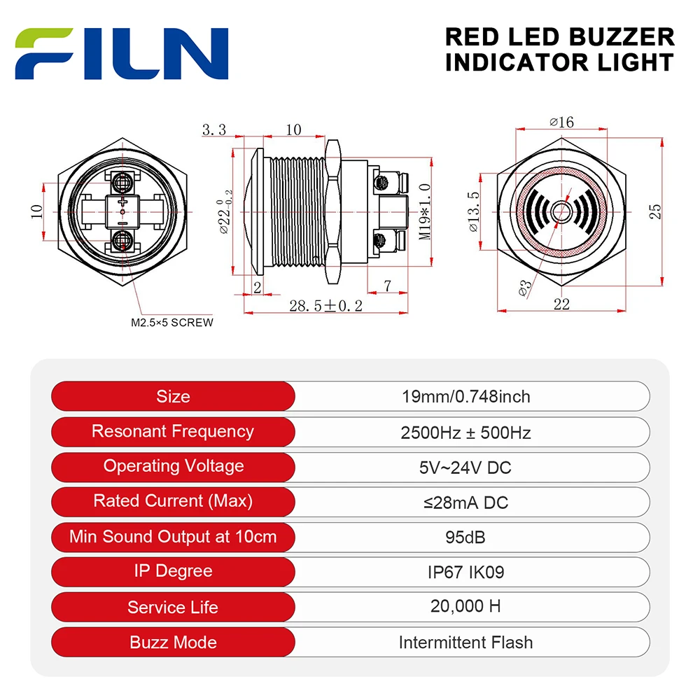 FILN 2 SZT. 19MM Metalowy LED Buzzer Sygnalizator Alarmowy z Przerwanym Błyskiem IP67 Wodoodporna Lampa Sygnalizacyjna 5-24V Montaż Panelowy