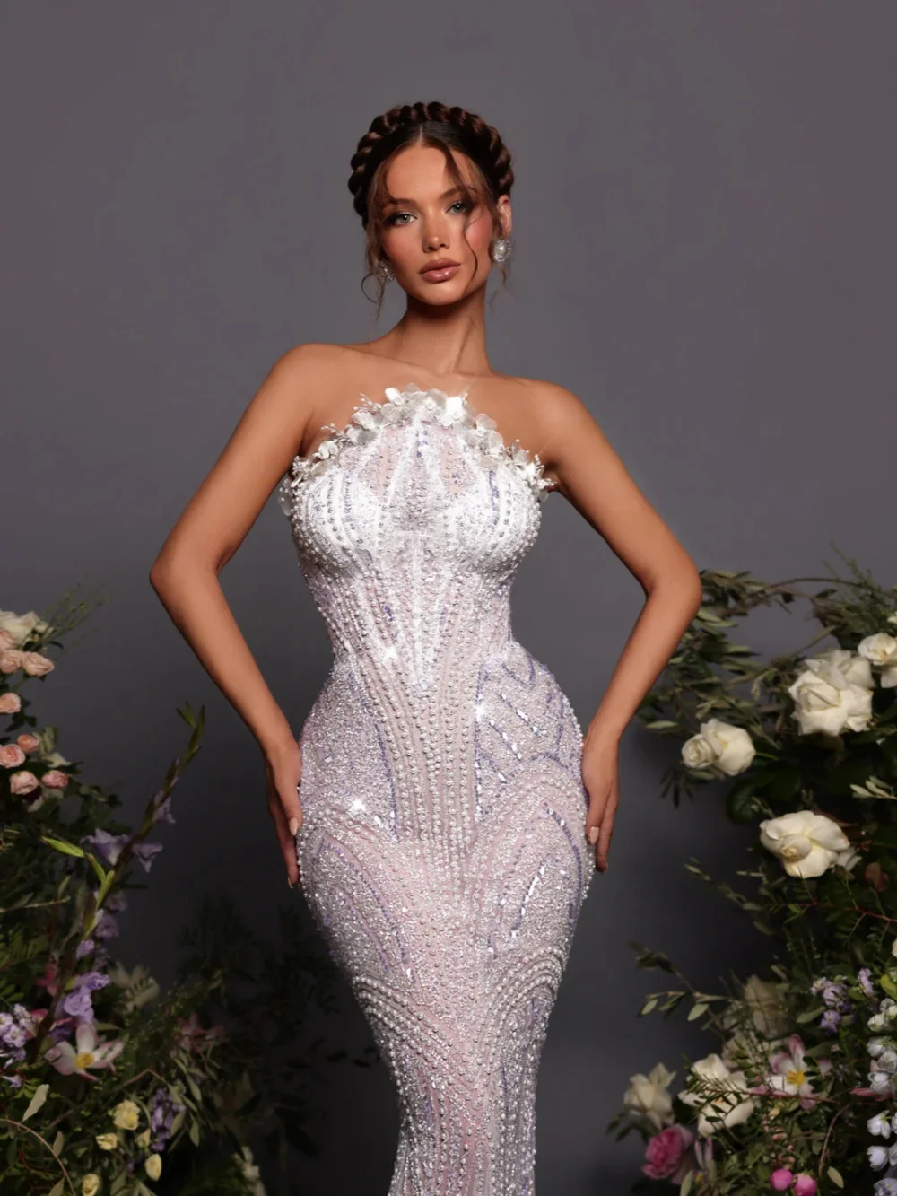 Sparkling Beaded 3D Floral Wedding Dress With Cape Strapless Mermaid Long Bridal Gown Customized Charming Dresses For Bride