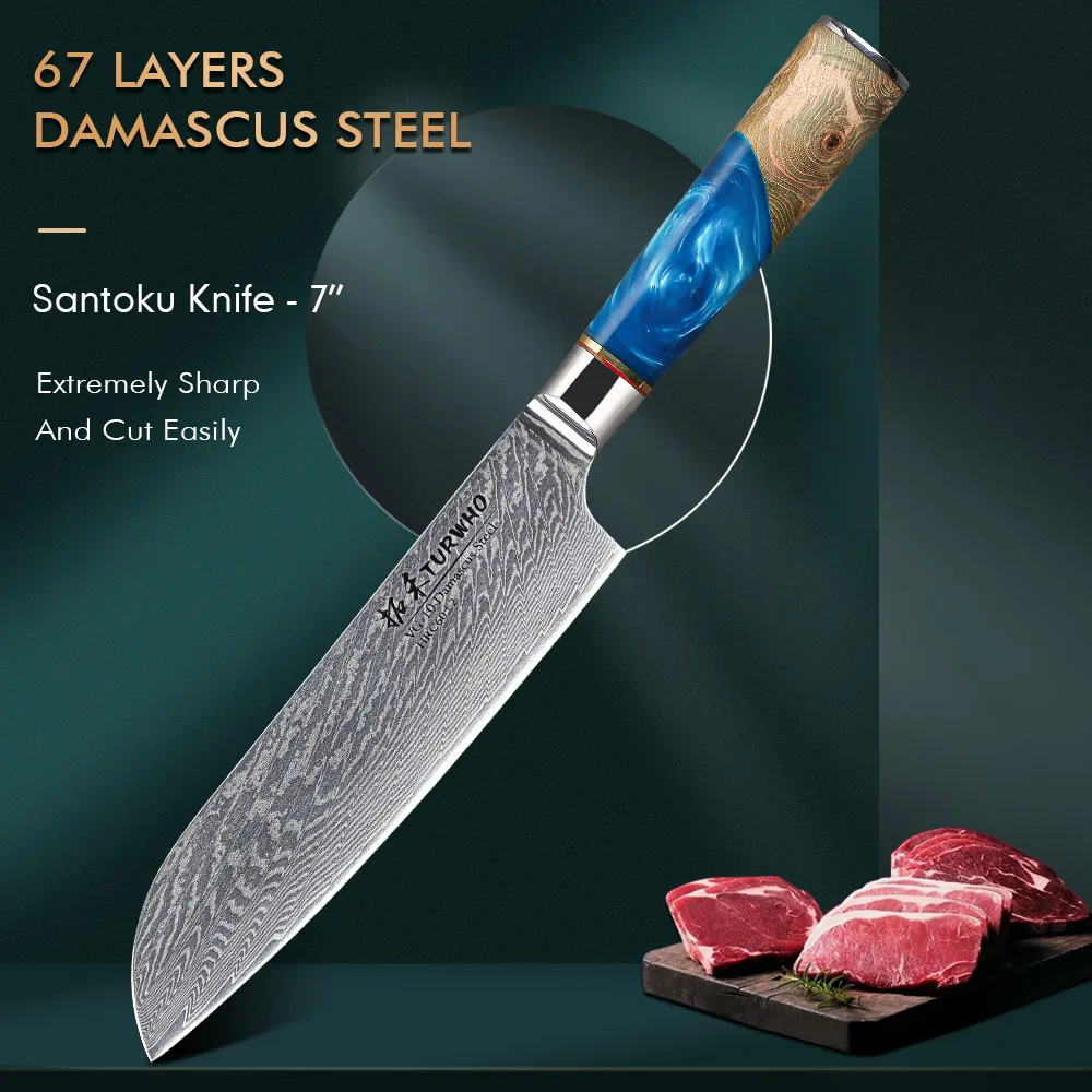 

TURWHO 7 Inch Santoku Knife Japanese Professional Chef Knives 67 Layers Damascus VG10 Steel Cut Meat Fish Fillet Kitchen Knife