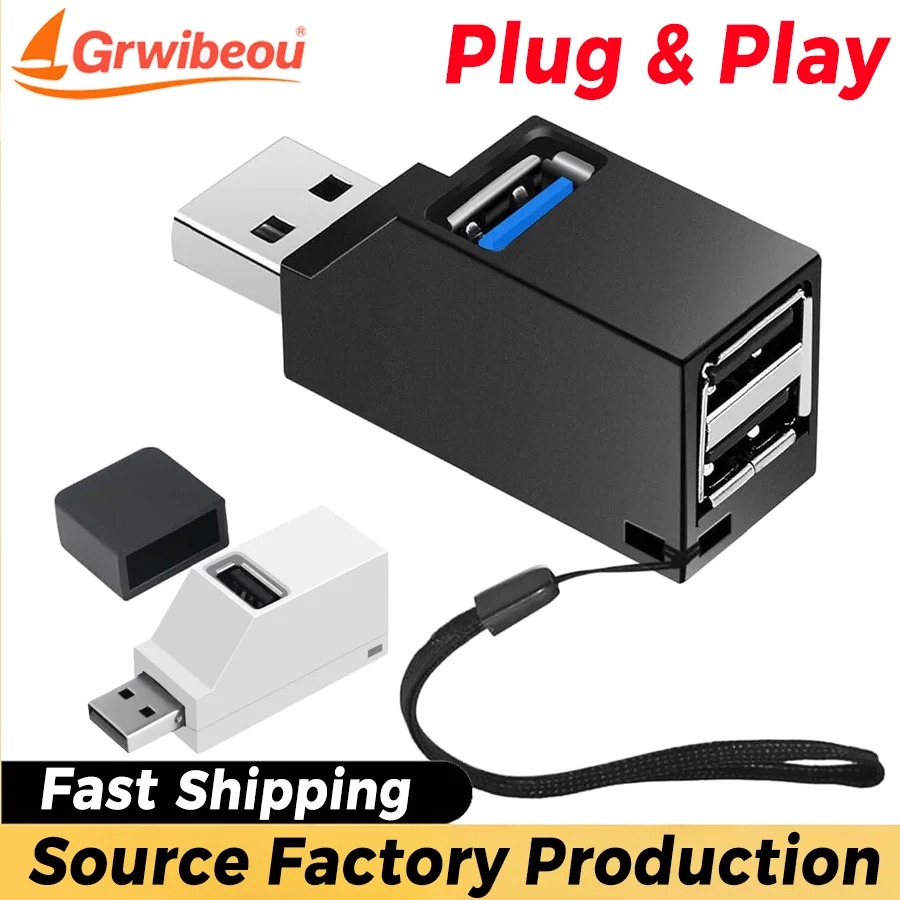 

Grwibeou USB 3.0 HUB Adapter Extender Mini Splitter Box 1 To 3 Ports High Speed USB2.0 Splitter for PC Laptop U Disk Card Reader