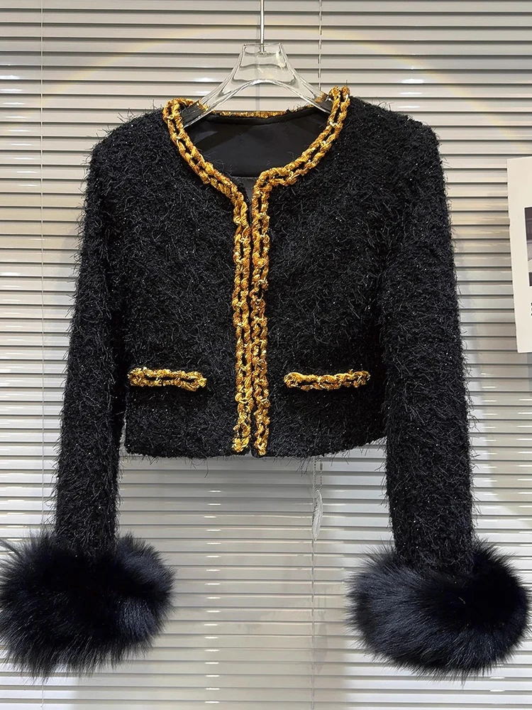 HIGH STREET New Fashion 2024 Designer Jacket Women's Woven Chain fox Fur Cuffs Down Lining Short Jacket