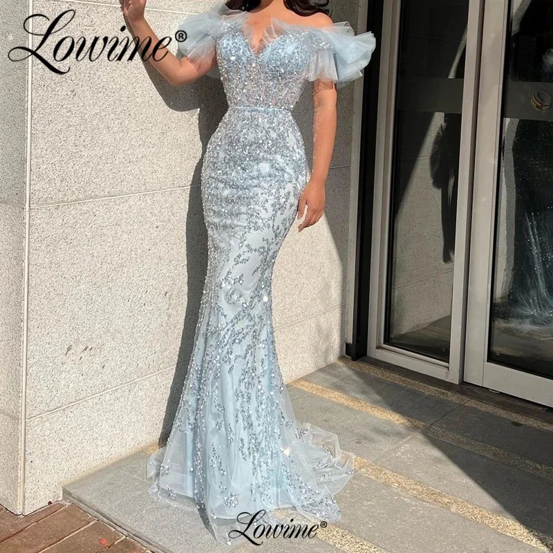 Blue Slim Mermaid Beaded Sequins Party Dress Off The Shoulder Arabic Long Evening Gowns For Women Prom Dresses 2023 Customized