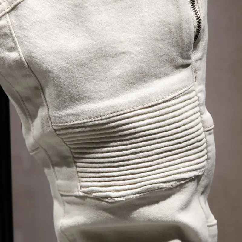 Street Designer Fashion Men Jeans Beige White Stretch Slim Fit Spliced Patched Denim Cargo Pants Hombre Y2K Hip Hop Biker Jeans