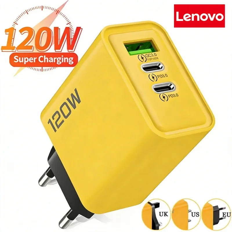Lenovo 120W 4-Ports Ultra Fast Charging Type-C GaN Phone Charger USB-C QC 3.0 Super Charging Adapter For IPhone Huawei Samsung