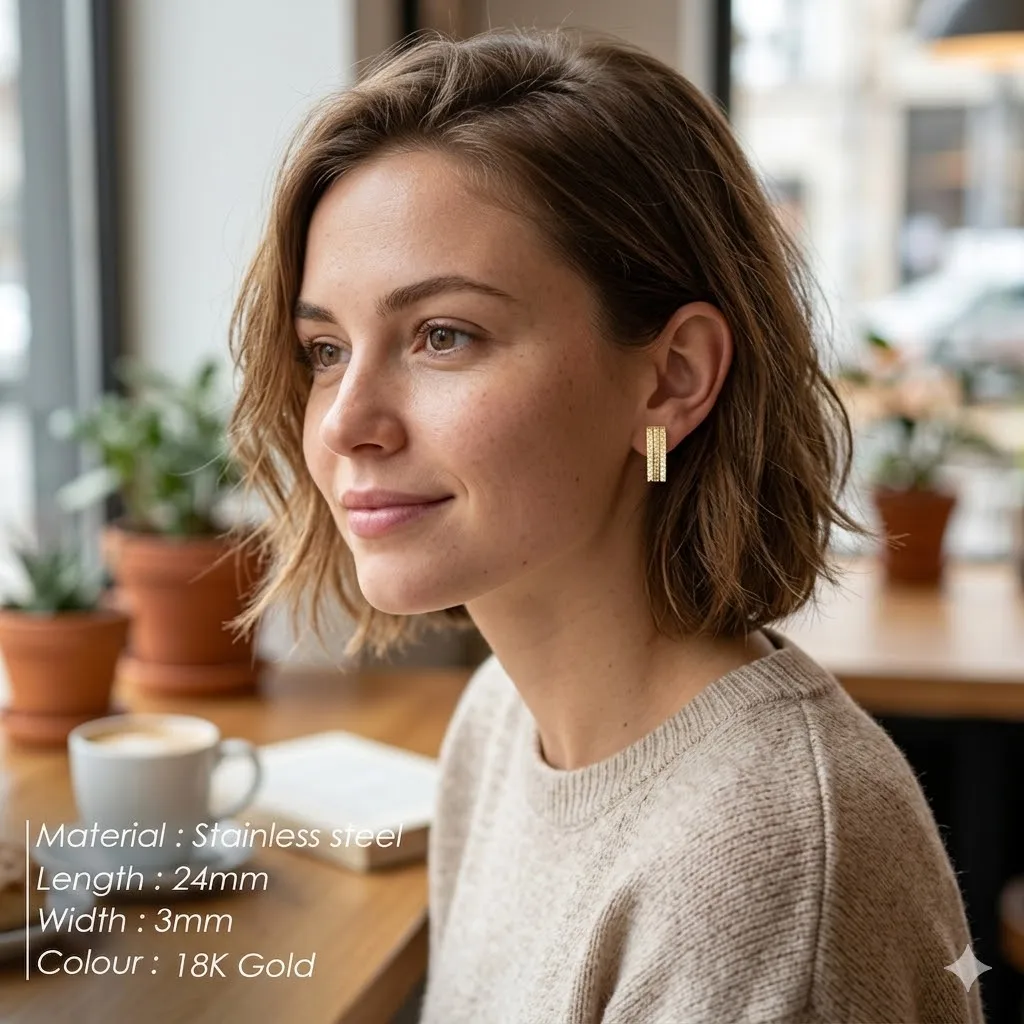 18K Gold Plated Stainless Steel C-Shape Stud Earrings for Women Triple Row Zircon Crystal Curved Ear Crawler Piercing Jewelry