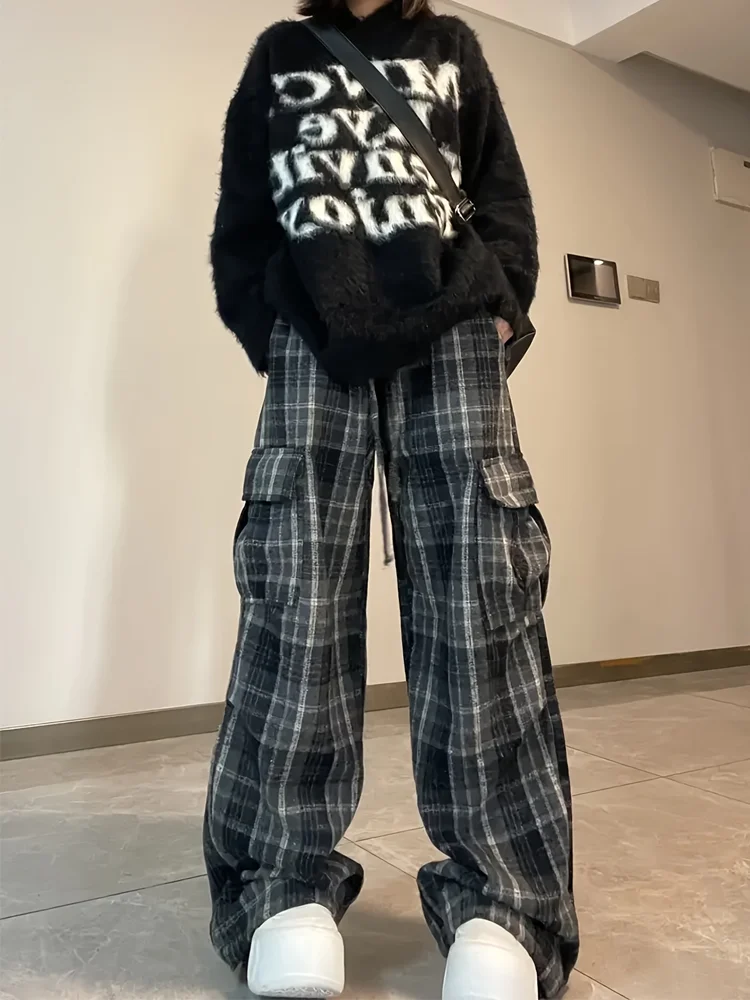 سراويل البضائع النسائية الأمريكية الرجعية، نمط الربيع والخريف، سراويل رياضية كاجوال منقوشة من الصوف #4