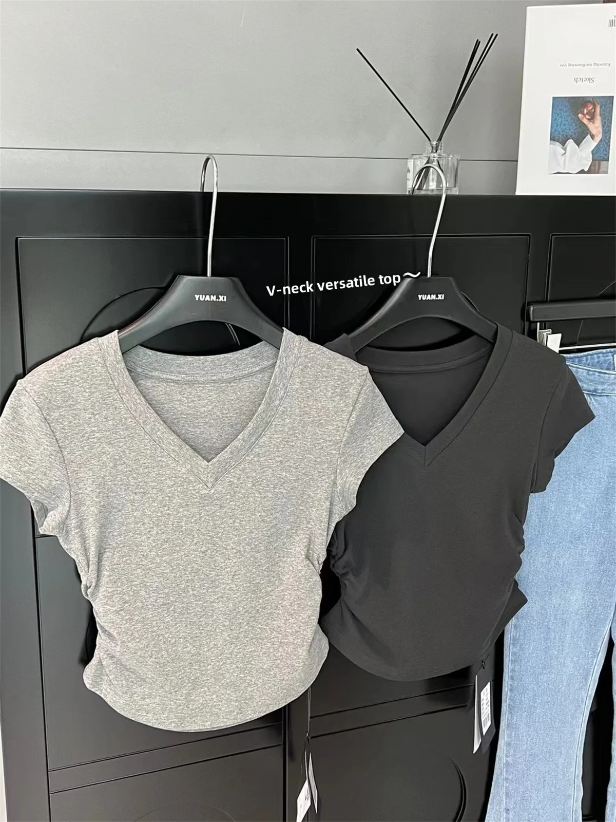 Slim Fit Short Sleeve V-Neck T-Shirt Women's  Length Side Pleat Design Versatile Tee Top Korean Style Pure Color Summer