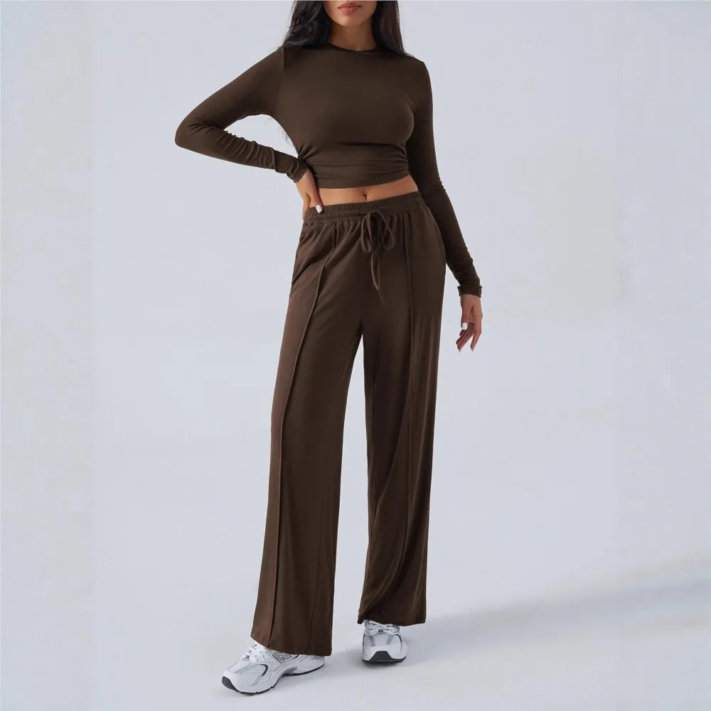 Traje de Otoño Invierno para mujer, pantalones informales de pierna ancha a la moda con cintura de Color sólido de encaje, estilo Simple holgado que combina con todo, cómodo