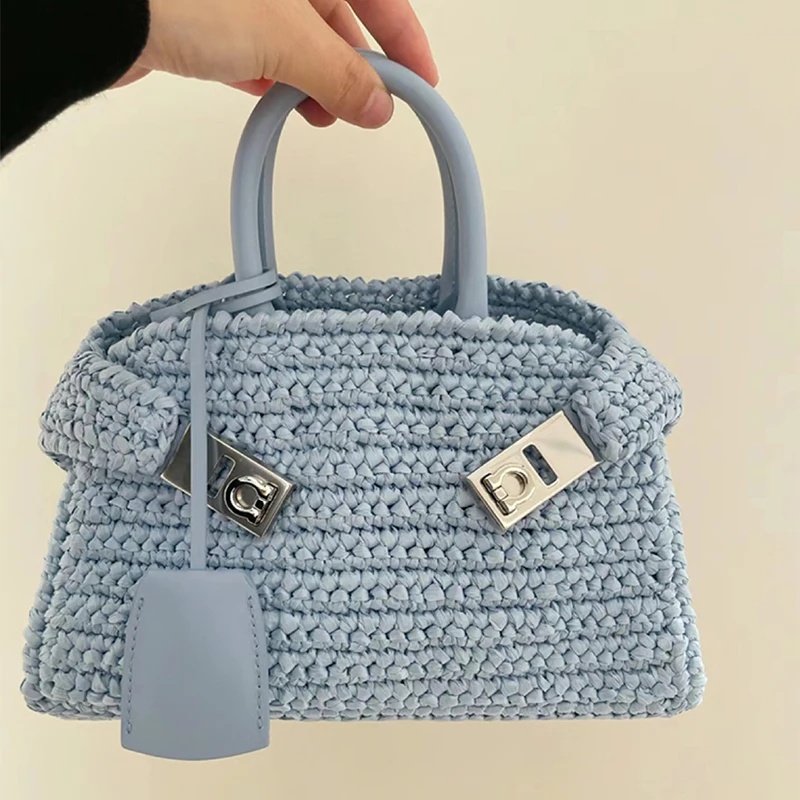 Fresh Blue Hand-woven Women\'s Bag 2024 New Casual Versatile Straw Bag Handbag Lock Buckle Seaside Holiday Style Bag