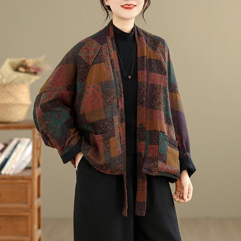 

Retro Digital Print Batwing Sve V-Ne Cotton Jaet Women's Loose Fit Coat Button up Winter New Sle Faionable Outerwear