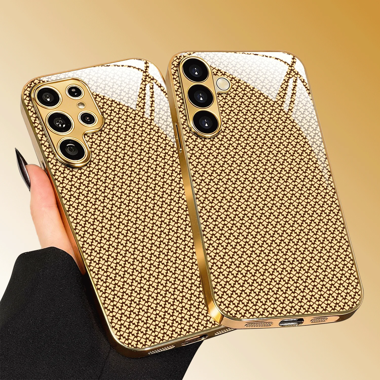 Light Golden Geometric Pattern Electroplated Glass Case Compatible with Samsung Galaxy S26/25/24/23/22/21/ Series FE Ultra Cover