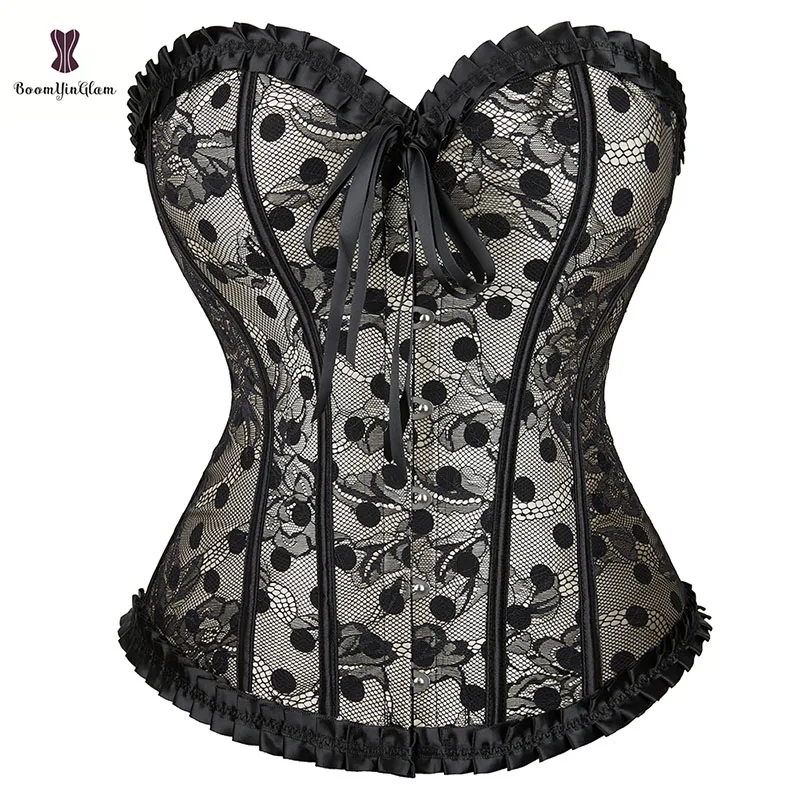 14 Plastic Bones Supported Bandage Corselet Overbust Apricot Polka Dot Strap Corset Bustier Woman With Zip Plus Size S-6XL