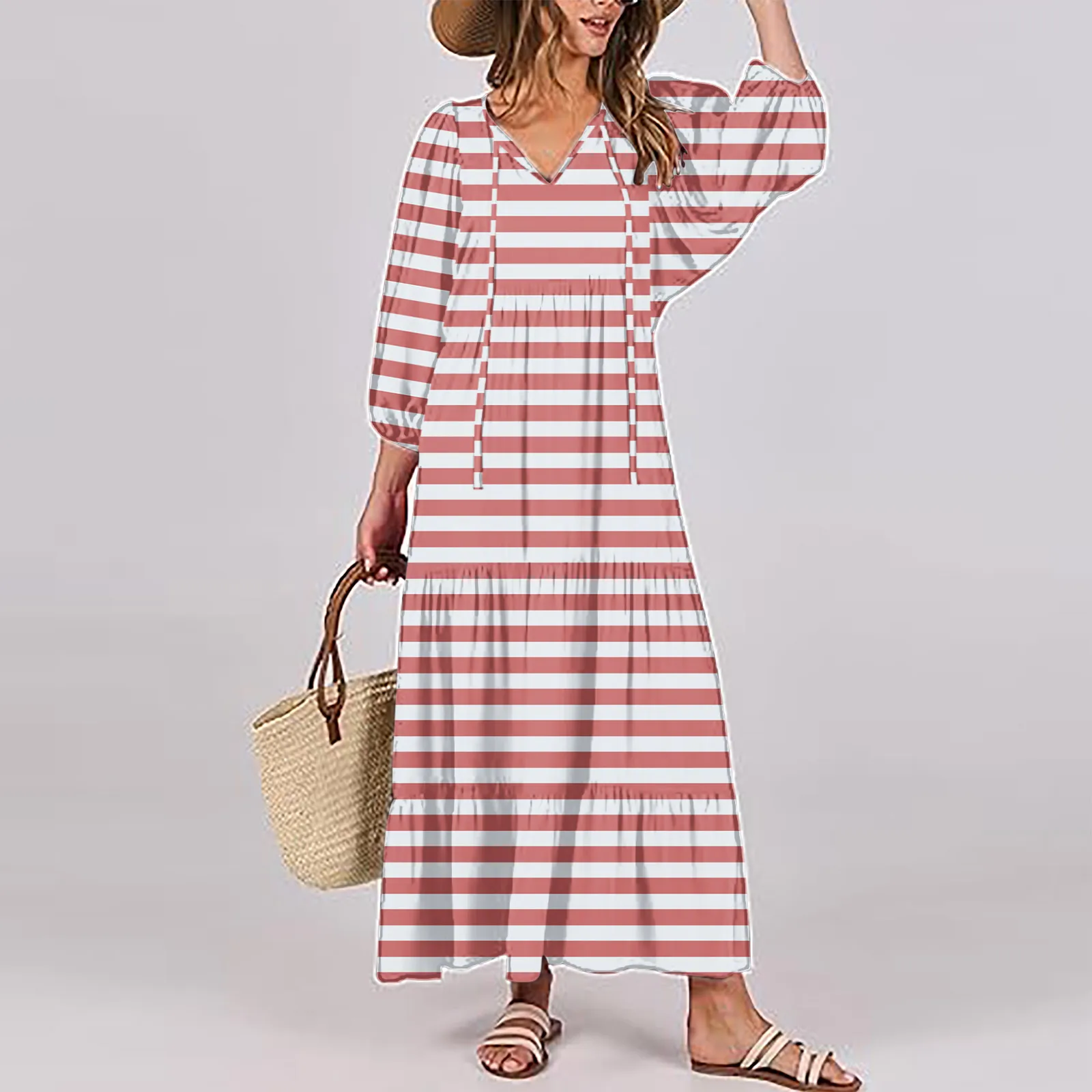 Autumn New Vitality Countryside Style Women's Dress Classic Highlighting Horizontal Stripe Lantern Sleeve and Ankle Long Dresses