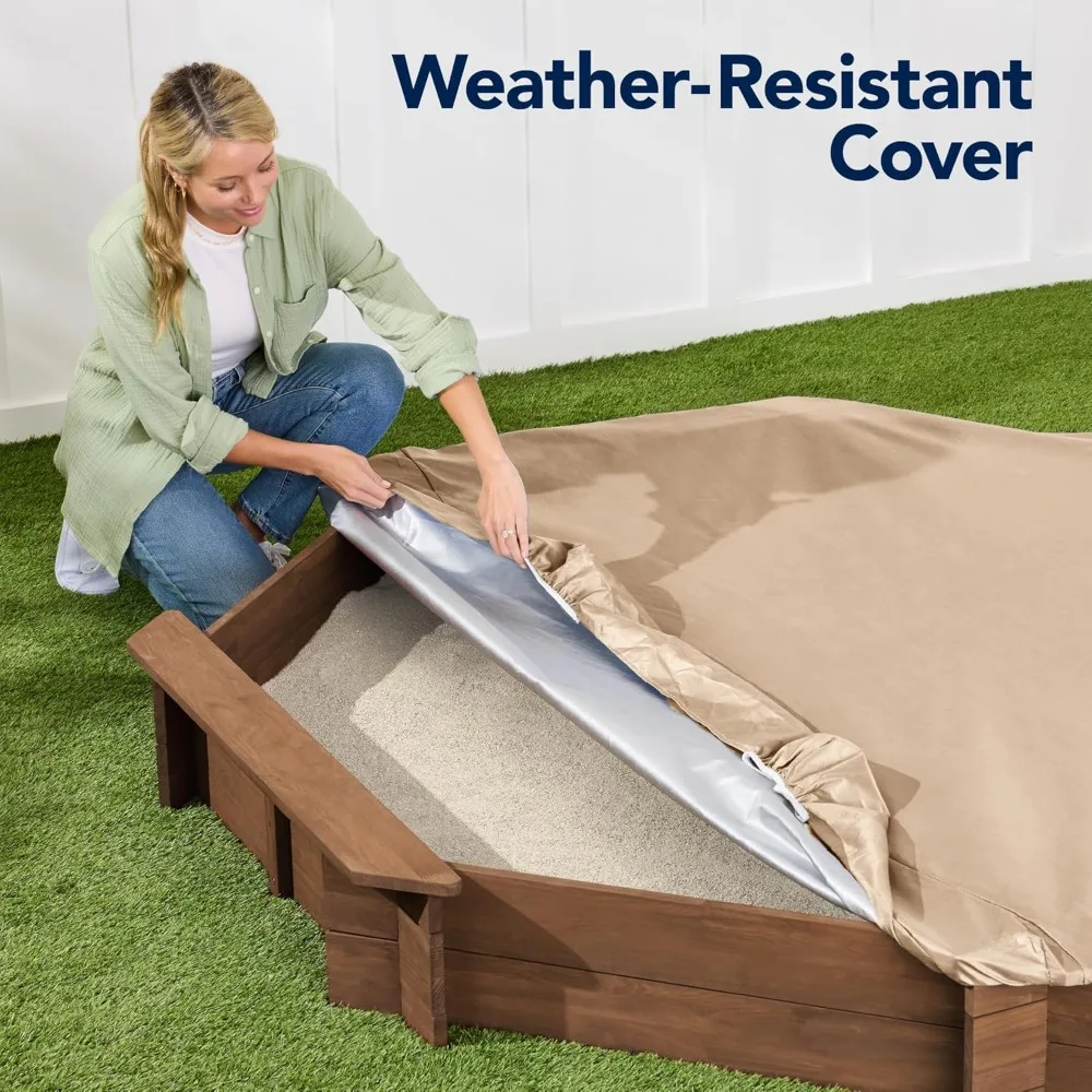 صندوق رمل خشبي كبير مثمن للأطفال في الهواء الطلق مع غطاء مع 4 مقاعد معززة، 8 مقاعد، مقعد رملي XL، بطانة سفلية - جوز