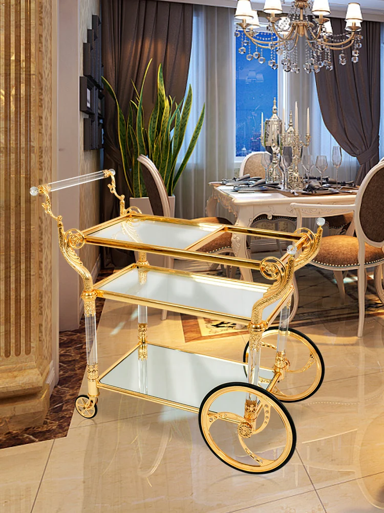 High-grade European neoclassical crystal glass gold-plated dinner cart Wedding Villa hotel copper alloy trolley wine car